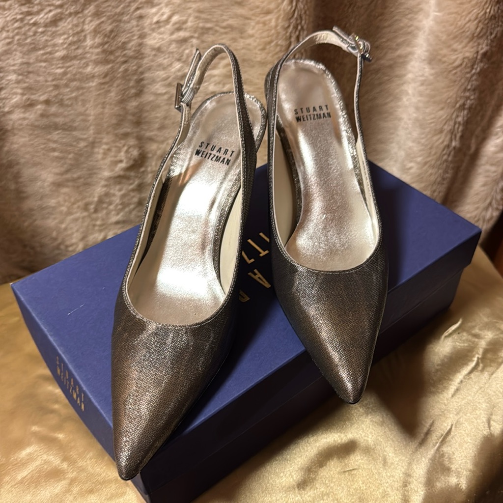 Vtg Stuart Weitzman Silver Metallic Heels Sz 7.5m